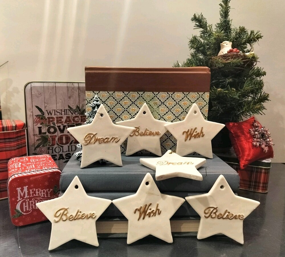 Vintage Ceramic Christmas Star Ornaments, Set of 7, Early 2000s